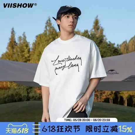 VIISHOW潮牌夏季字母印花圆领短袖T恤男女复古街头宽松情侣上衣商品大图