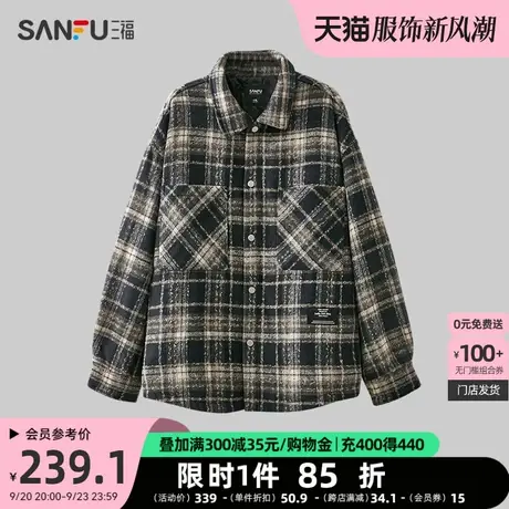 三福2023冬男士复古格子长棉衣 时尚贴标宽松翻领外套男472752图片