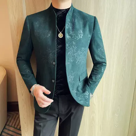 轻奢提花中山装男士春秋立领西装中青年商务休闲通勤外套唐装上衣图片