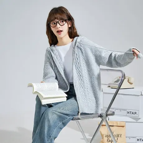 唐狮毛衣女开衫外搭早秋新款连帽针织衫慵懒风灰色毛衣外套商品大图
