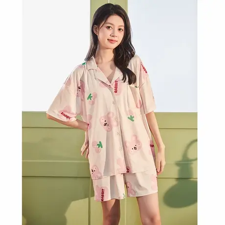 唐狮睡衣女士夏季新款莫代尔卡通开衫短袖两件套套装可外穿家居服商品大图