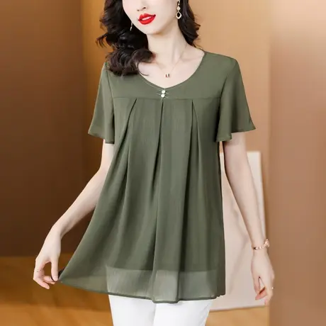 大码中长款雪纺衫女2023夏装短袖宽松遮肚妈妈上衣200斤胖MM小衫商品大图