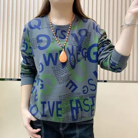 字母套头卫衣女2023秋冬装新款宽松显瘦休闲上衣百搭圆领长袖T恤商品大图