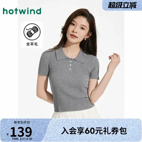 热风miu系针织衫短袖2025年夏季新款女士翻领修身打底小个子百搭商品大图