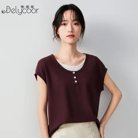 假两件拼接短袖t恤女士2025年夏季新款T恤设计感显瘦薄款纽扣上衣图片