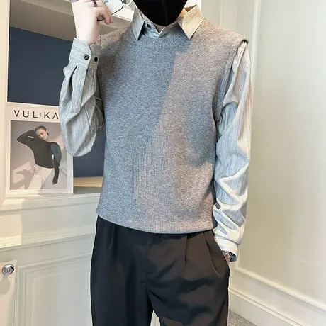 秋冬季衬衫领毛衣假两件男潮流小众新款发型师雅痞休闲衬衣针织衫商品大图