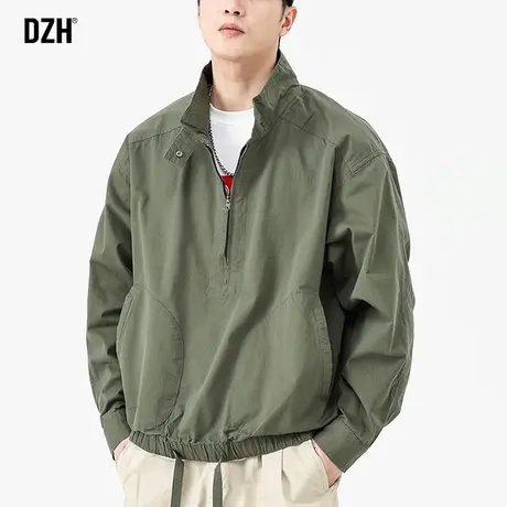 男士军绿夹克男半拉链纯棉宽松外套2023新款套头上衣潮牌男装春秋图片