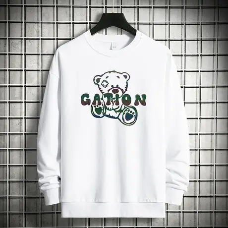 重磅纯棉小熊卫衣男潮ins宽松白色圆领无帽上衣秋冬款摇粒绒长袖商品大图