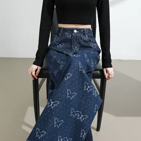 蝴蝶印花牛仔裤女2025春秋高腰宽松显瘦百搭直筒垂感拖地阔腿裤子商品大图