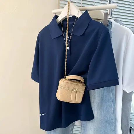 设计感小众翻领POLO衫短袖T恤女夏季宽松韩版开叉下摆半袖上衣服商品大图