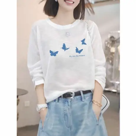2025新款白色薄款短袖t恤女夏季设计感趣味印花宽松防晒罩衫上衣商品大图