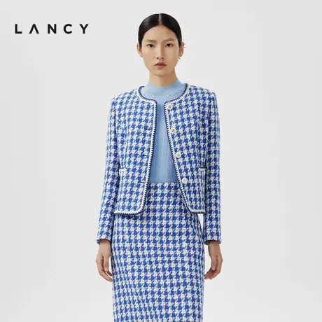 [朗姿奥莱]LANCY/朗姿2024春季新款蓝色格纹小香风短款棉质外套女商品大图