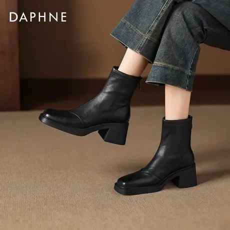 达芙妮短靴女2026秋春季新款弹力瘦瘦靴复古粗高跟单靴英伦马丁靴商品大图