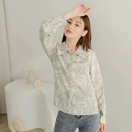 桔熊春秋季复古水墨印花翻领衬衫通勤宽松长袖上衣女大码AB17678图片