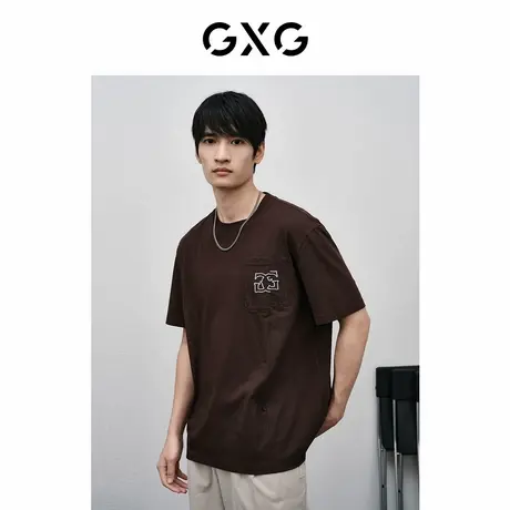 【X】GXG男装棕色错位绣花短袖T恤24年春季品GFX14400271商品大图