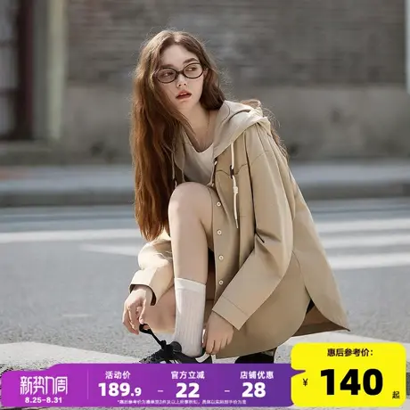 唐狮2025年秋季新款长袖衬衫女休闲百搭假两件连帽设计感上衣外套商品大图