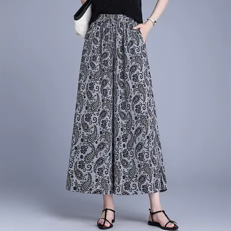 2025夏季新款印花阔腿裙裤八分裤女松紧腰高腰宽松薄款休闲大脚裤商品大图