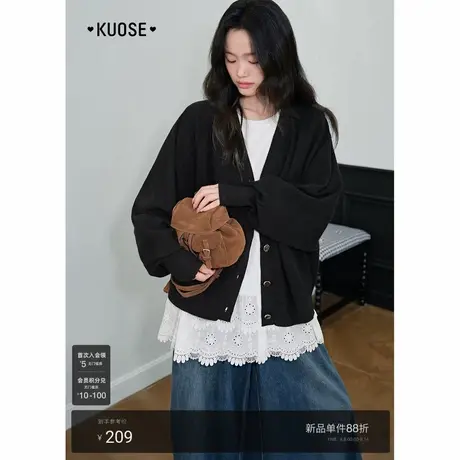 阔色黑色v领气质针织开衫上衣女2025秋季新款宽松显瘦毛衣外套春商品大图