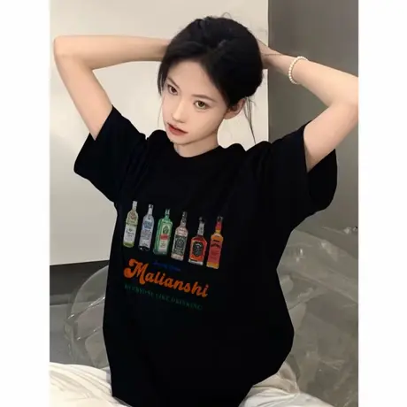 纯棉夏季美式潮牌落肩短袖t恤女2025新款设计感小众宽松半袖上衣商品大图