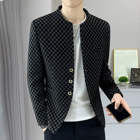 春秋季立领男士小西装韩版痞帅格子单西服轻熟风商务休闲男装外套商品大图