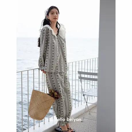 贝妍春秋季睡衣女士新款复古森系少女长袖家居服柔软莫代尔棉套装商品大图