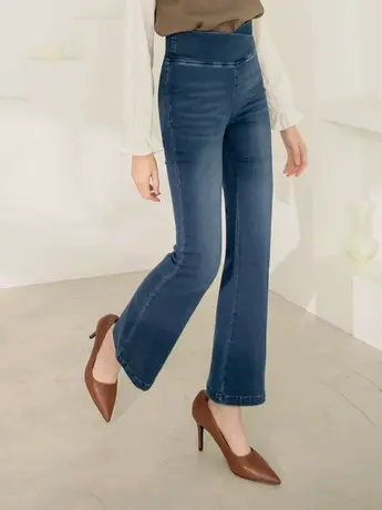 桔熊春秋季牛仔长裤子女高腰交叉收腹磨白弹力喇叭裤大码BA6895图片