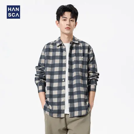 hansca蓝色格子衬衫男2025新款秋季休闲美式立领爆款长袖衬衣外套商品大图