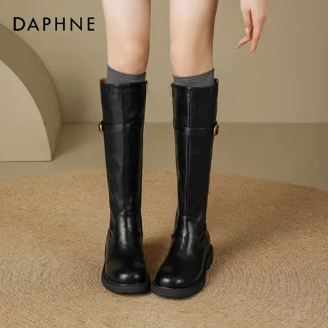 达芙妮黑色高筒靴子女款2025新款秋季皮带扣不过膝长靴显瘦骑士靴图片