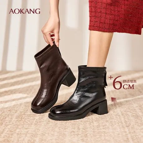 奥康 女鞋2025秋冬新款棕色靴子短靴粗跟美拉德瘦瘦皮靴切尔西靴图片