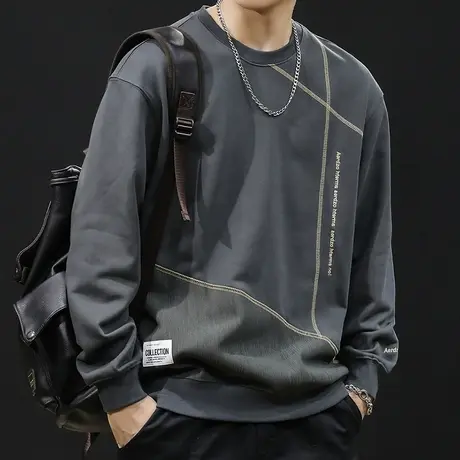 撞色拼接重磅卫衣男秋冬款圆领潮牌衣服2023新款秋季长袖大码男款商品大图