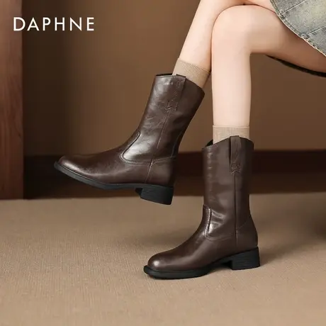 达芙妮复古中筒靴子女2026冬季加绒西部牛仔靴英伦风马丁靴骑士靴商品大图