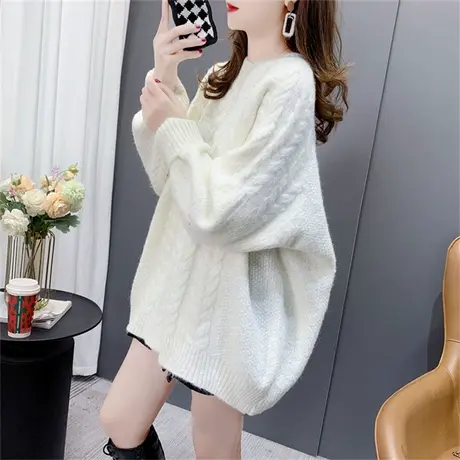 圆领麻花毛衣女2022年新款秋冬宽松慵懒风加厚长袖保暖打底针织衫商品大图