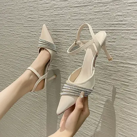高跟鞋女细跟设计感小众2023新款尖头中空一字扣带仙女风水钻单鞋商品大图