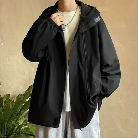 黑武士连帽冲锋衣服男士春秋季户外运动防风冬款潮牌夹克工装外套商品大图