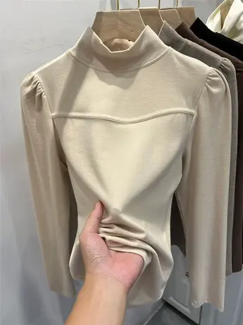 设计感泡泡袖半高领磨毛长袖T恤女2023秋冬新款洋气打底衫上衣潮商品大图