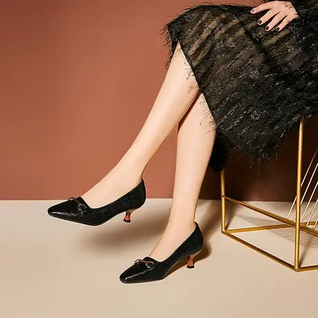 清仓尖头单鞋黑色格子压花细跟中跟复鞋子鞋尖头纯色休闲真皮女鞋商品大图