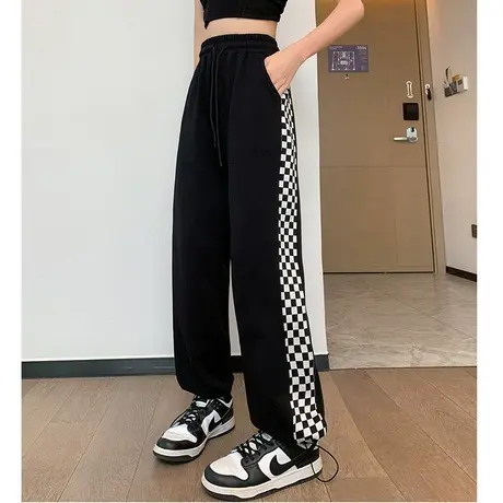 唐狮春秋棋盘格拼接束脚直筒休闲长裤女装运动工装裤子休闲阔腿裤图片