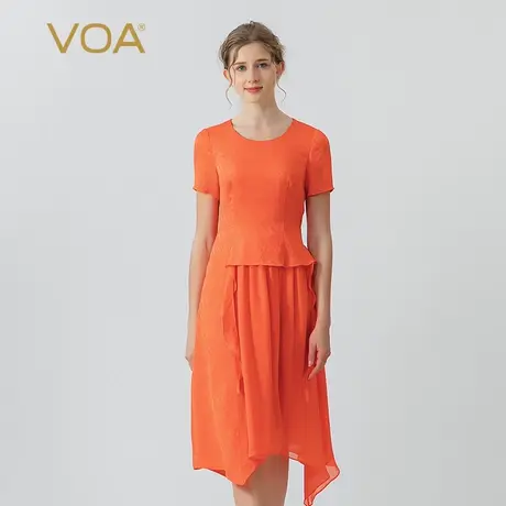 VOA22姆米提花真丝拼接双层乔其丝绸圆领短袖假两件橘黄连衣裙夏图片