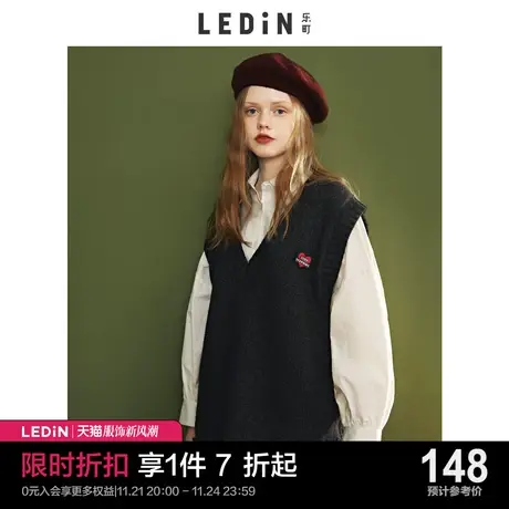 【清仓】乐町针织马甲休闲秋季新款字母刺绣黑色V领毛衣马甲女图片