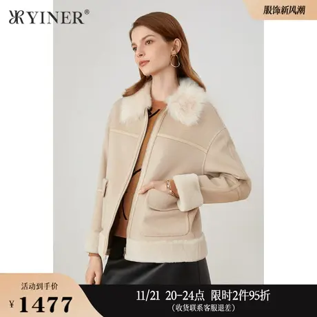 YINER音儿奥莱女装冬季短款毛领纯羊毛双面呢外套图片