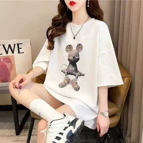 设计感小众短袖t恤女夏季韩版宽松大码女装中长款重工烫钻上衣服图片