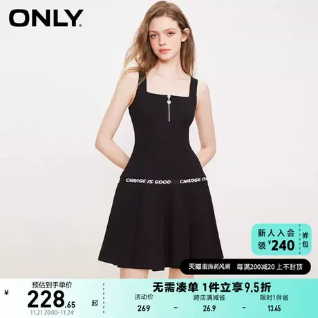 ONLY奥莱2023夏季新款气质收腰字母印花吊带百褶连衣裙图片