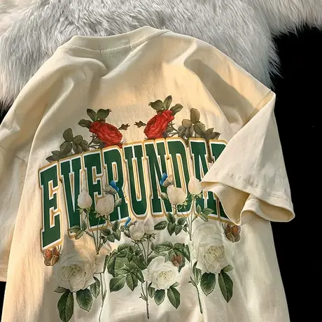 美式复古短袖T恤男夏季玫瑰花设计感痞帅高街上衣港风潮牌体恤衫商品大图