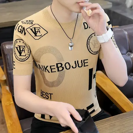 欧洲站夏季男士冰丝短袖t恤男高端烫钻体恤衫提花针织半袖上衣男T商品大图