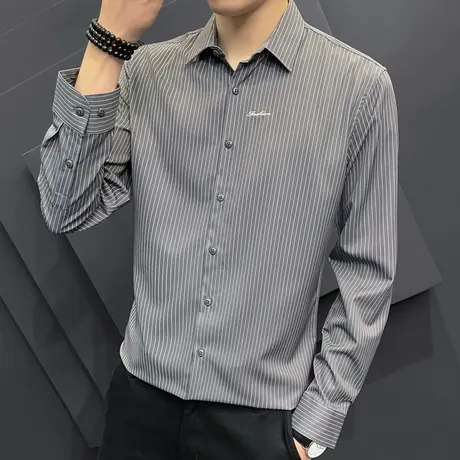 衬衫男士长袖2023新款秋季潮流高级感刺绣条纹商务休闲衬衣男装帅商品大图