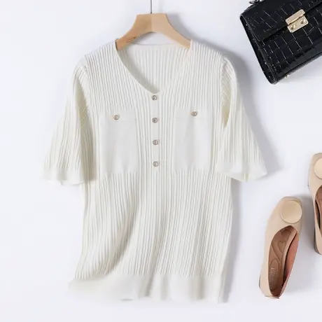 2023夏季新品韩版宽松V领纯色短袖套头针织衫毛衣女士T恤上衣打底商品大图