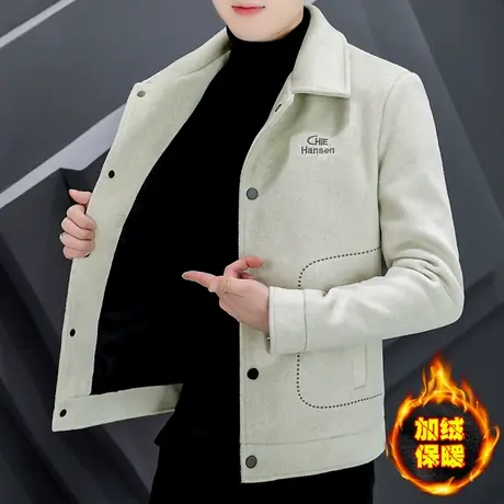 秋冬季男士毛呢子外套潮流帅气加绒加厚冬装衣服翻领休闲短款夹克商品大图