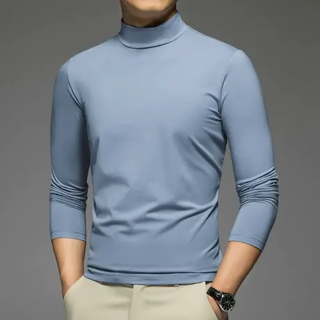 莫代尔长袖t恤男潮牌潮流半高领纯色秋衣小衫中领打底衫内搭体恤商品大图