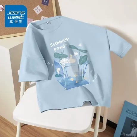 ZR真维斯蓝色正肩t恤女短款夏季新款 美式休闲圆领纯棉短袖女上衣商品大图