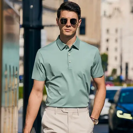 MrBu布先生纯色丝光棉男款t恤夏季新款商务翻领中年装AT12025商品大图